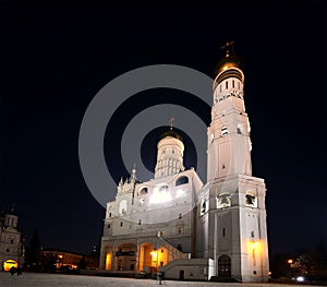 Ivan the Great Bell-Tower complex at night. Cathedral Square, Inside of Moscow Kremlin, Russia