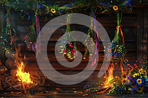 Ivan Kupala Celebration with Wildflower Wreaths and Bonfires on Wooden Background