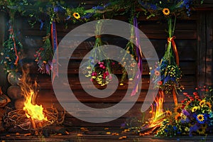Ivan Kupala Celebration with Wildflower Wreaths and Bonfires on Wooden Background photo