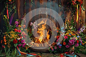 Ivan Kupala Celebration with Wildflower Wreaths and Bonfires on Wooden Background photo