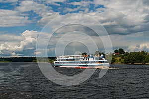 Ivanovo region, Russia, July 9, 2023. Three-deck river passenger motor ship \