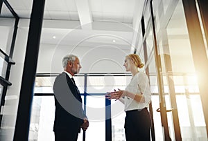 Ive got a plan. Cropped shot of two businesspeople talking while standing in the office.