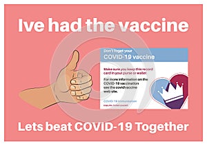 Ive had the vaccine thumbs up with COVID-19 vaccination record card vector illustration on a colourful background photo