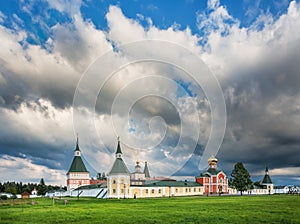 Iversky monastery under beautiful dark clouds