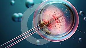 IVF, In vitro fertilisation. Fertilized egg cell and needle