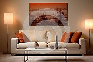 iving Room with Modern Design, Orange and White colors. AI Generated
