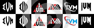 IVM letter logo design in six style. IVM polygon, circle, triangle, hexagon, flat and simple style with black and white color