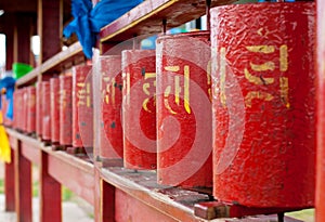 Ivolginsky datsan, metal prayer wheels. Translation: `Om mani padme hum`. The name of the mantra.