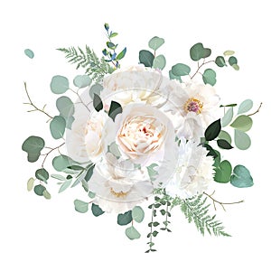 Ivory beige rose, white and creamy woody peony, chrysanthemum flower vector design