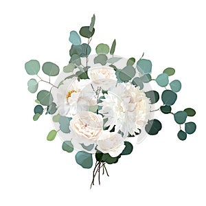 Ivory beige rose, white peony, ranunculus, chrysanthemum flower vector design wedding bouquet