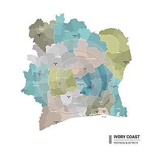 Ivory Coast higt detailed map with subdivisions