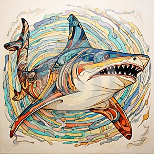 Ivory And Ivory Shark: Detailed Penciling Expressionism Wall Art