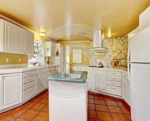 Ivory kitchen room with stone trim wall