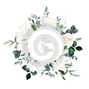 Ivory roses, white peony and magnolia, cedar, fern, eucalyptus vector design invitation frame