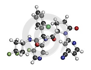 Ivosidenib cancer drug molecule. 3D rendering. Atoms are represented as spheres with conventional color coding: hydrogen (white),