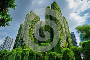 Ivy-Covered Towers in Sustainable Urban Design. Lush ivy climbs high on eco-sustainable urban towers, blending with the