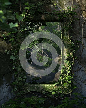 Ivy-Encased Window Overlooking a Lush Forest