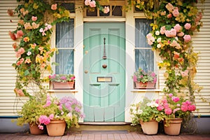 ivycovered cottage door surrounded by blooming spring flowers