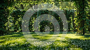 An ivycovered trellis enveloped in soft golden light casting dappled shadows on the lush grass below. .