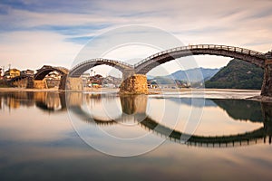 Iwakuni, Yamaguchi, Japan at Kintaikyo Bridge over the Nishiki River