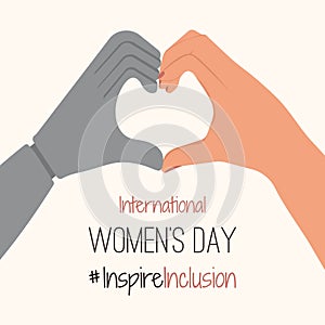 IWD design with white Prosthesis hands show Heart Shape Card. Minimalist International Women s Day 2024 Posters with slogan