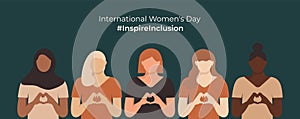 IWD InspireInclusion dark horizontal design with girls shows Heart Shape with their hands. Inspire inclusion social campaign. photo