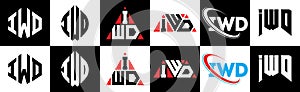 IWD letter logo design in six style. IWD polygon, circle, triangle, hexagon, flat and simple style with black and white color