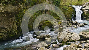 Ixkier ur-jauzia. Ixkier waterfall on the Plazaola greenway, Mugiro, Navarra