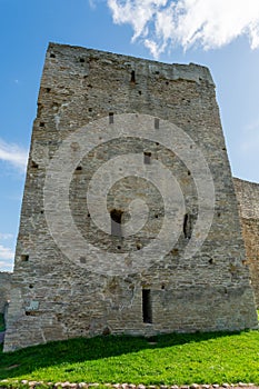 Izborsk, Russia, September 7, 2023. An ancient watchtower with embrasures.