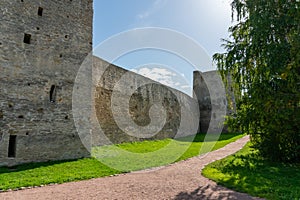 Izborsk, Russia, September 7, 2023. Fortress wall between two towers.