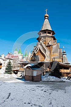 Izmailovo Kremlin with the Church of St. Nicholas, the highest wooden temple of Russia, Moscow.