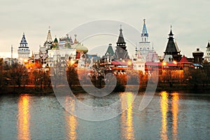 Izmailovo Kremlin in Moscow. Evening sky and lights.