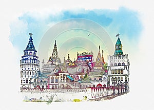 Izmailovo Kremlin. Moscow, Russian. Watercolor sketch