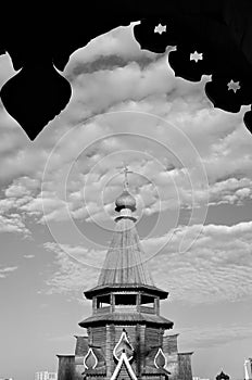 Izmailovo Kremlin in Moscow. Wooden church. Black and white photo.