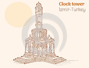 Izmir clock tower hand drawing vector illustration