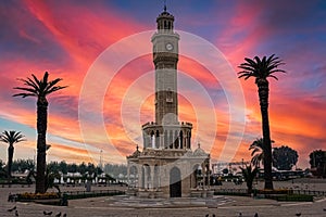 Izmir Clock Tower in Konak square. Famous place. Sunset colors