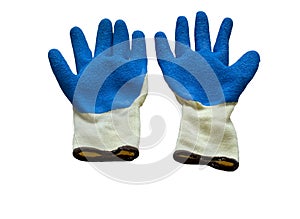 Izolated construction rubberized gloves on a white background. Blue protective gloves for construction and operation with caustic