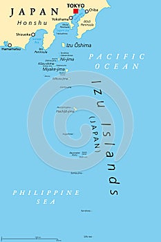 Izu Islands, volcanic island group of Japan, political map photo