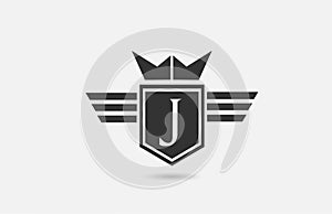 J alphabet letter logo icon for company in black and white. Creative badge design with king crown wings and shield for business