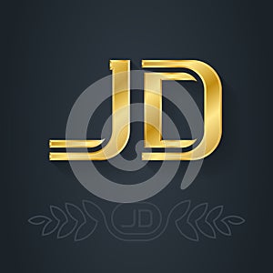 J and D - initials or gold logo. JD - Metallic 3d icon or logotype template. Vector design element with lineart option