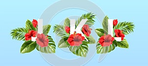 J K L letters surrounded by summer tropical leaves and red hibiscus flowers. Tropical font for summer decoration. Vector