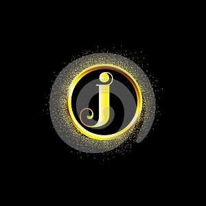 J letter golden icon in middle of golden sparking ring. J logo sign with empty center. Golden sparkling ring with dust glitter