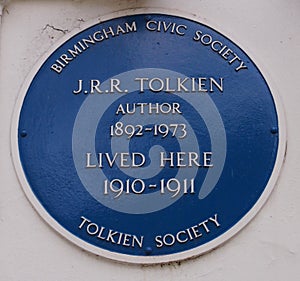 J.R.R. Tolkien blue plaque in Birmingham, England