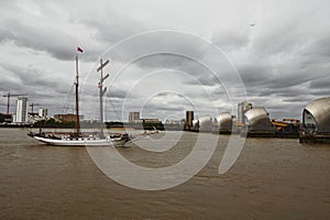 J.R. Tolkien is a gaff-topsail schooner of Netherlands entering the Thames Barrier, London