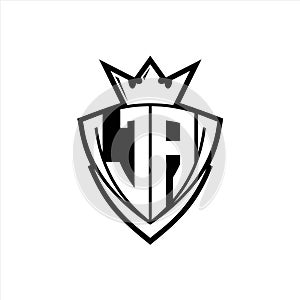 JA Letter logo with sharp triangle shield shape with crown inside white outline on white background template design