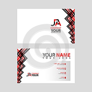 The JA logo on the red black business card with a modern design is horizontal and clean. and transparent decoration on the edges.