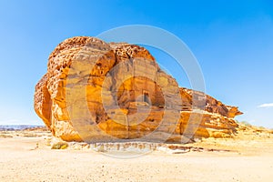 Jabal al Ahmar ancient  Nabataean civilization tombs carved in stone, Hegra, Madinah Saleh, Al Ula, Saudi Arabia