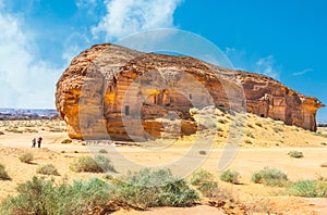 Jabal al Ahmar ancient  Nabataean civilization tombs carved in stone, Hegra, Madinah Saleh, Al Ula, Saudi Arabia