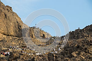 Jabal an-Nour - Mountain of the Light. Muslim pilgrims at the Jabal an-Nour. Prophet Muhammad received his first
