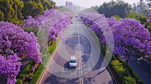 jacaranda trees burst into full bloom, lining the road with a mesmerizing sea of purple flowers while a car drives